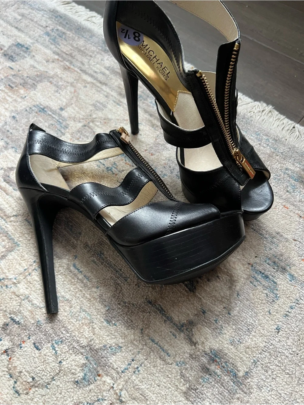 Michael Kors Black Platform Stiletto Sandals with Gold Zipper - NWT